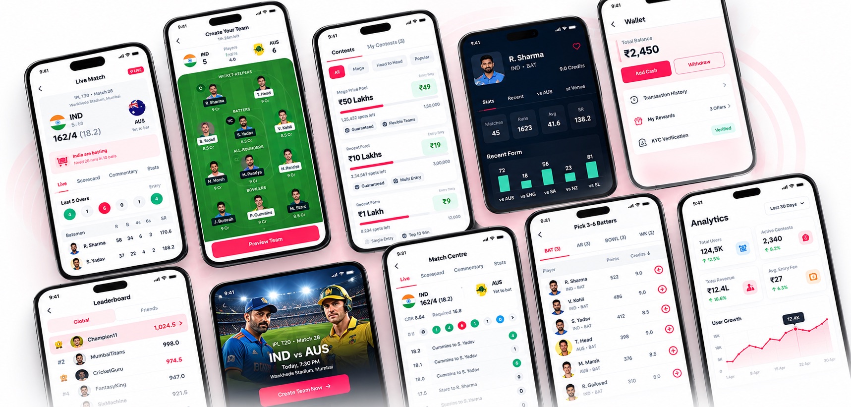 Fantasy sports app screens: live match, create team, contests, player stats, wallet, leaderboard, match centre, player picker and analytics